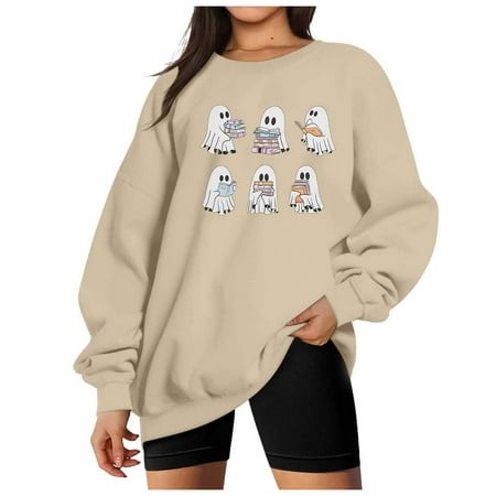ZHAGHMIN Women Halloween Oversized Sweatshirt Cute Graphic Pullover Tops Ghost Print Crewneck Sweatshirts 2024 Fall Outfits Striped Sweatshirts for Wo