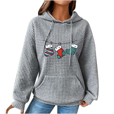 Yoeyez Clearance Women Christmas Sweatshirt 2024 Cute Ghost Gnome Hoodie Drawstring Hooded Waffle Tops Christian Gift Long Sleeve Pullover Sweatshirts
