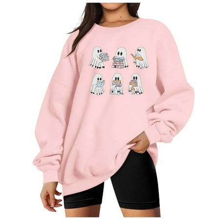 ZHAGHMIN Women Halloween Oversized Sweatshirt Cute Graphic Pullover Tops Ghost Print Crewneck Sweatshirts 2024 Fall Outfits Casual Basic Loose Comfy S