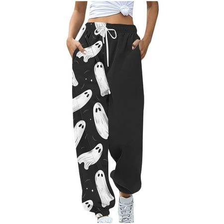 Clearance Rciityk Women Halloween Sweatpant 2024 Fall Fashion Ghost Bats Spider Webs Print Active Joggers Pants High Waisted Baggy Sweatpants Hallowee