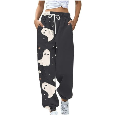 Clearance Rciityk Women Halloween Sweatpant 2024 Fall Fashion Ghost Bats Spider Webs Print Active Joggers Pants High Waisted Baggy Sweatpants Hallowee