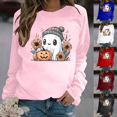 DDAPJ Pyju 2024 Fall Pumpkin Shirts Women S Novelty Halloween T-shirt Teen Girls Cute Ghost Print Long Sleeve Crewneck Pullover Blouse Spooky Season H