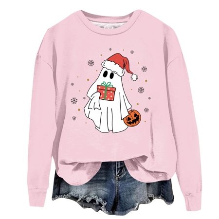 Ktyne Christmas Sweatshirts for Women Long Sleeves Christmas Ghost Sweater Shirt 2024 New Crewneck Pullover Tops Hoilday Loose Fit Tops Pink 2XL