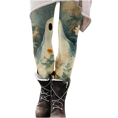 VPQILH Halloween Leggings for Women Bat Ghost Graphic High Waisted Workout Pants 2024 Halloween Stretchy Leggings Casual Stretch Yoga Pants