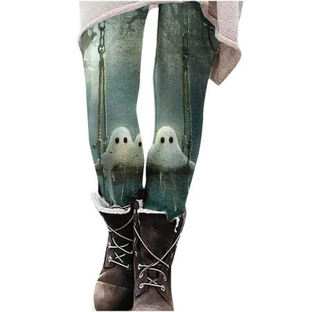 VPQILH Halloween Leggings for Women Bat Ghost Graphic High Waisted Workout Pants 2024 Halloween Stretchy Leggings Casual Stretch Yoga Pants