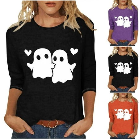 Jinhomg Plus Size Fall Ghost Tshirt for Women Halloween Cute Graphic Printed Holiday Tops Casual Comfy 3/4 Sleeve Tunics Prime Day 2024 Black S