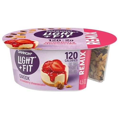 Dannon Light + Fit REMIX Strawberry Cheesecake Nonfat Greek Yogurt with Graham Cookies, Caramel Pearls and Dark Chocolate Mix-Ins, 4.5 OZ Yogurt Cups