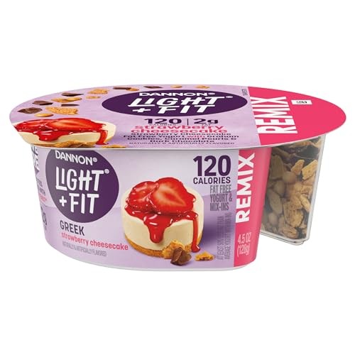 Dannon Light + Fit REMIX Strawberry Cheesecake Nonfat Greek Yogurt with Graham Cookies, Caramel Pearls and Dark Chocolate Mix-Ins, 4.5 OZ Yogurt Cups thumbnail