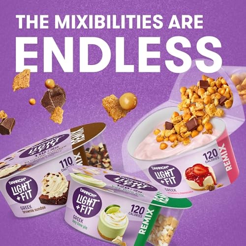 Dannon Light + Fit REMIX Strawberry Cheesecake Nonfat Greek Yogurt with Graham Cookies, Caramel Pearls and Dark Chocolate Mix-Ins, 4.5 OZ Yogurt Cups thumbnail