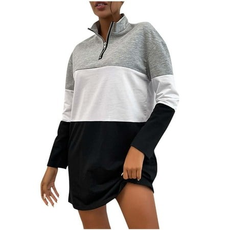 Women S Casual Dresses Women S Sweatshirt Dress Casual Color Block Long Sleeve Dress 1/4 Zip Pullover Dress Off the Shoulder Dress S-112 Black M