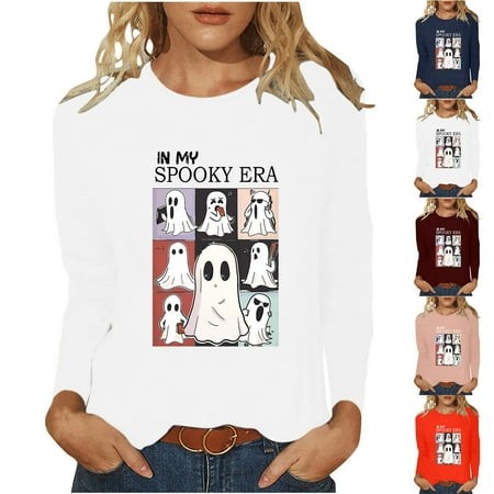 Jinhomg Womens 2024 Halloween Shirts Funny Cute Ghost Graphic Holiday Tees Plus Size Cozy Long Sleeve Round Neck Pullover Tops Fall Saving White XXXL