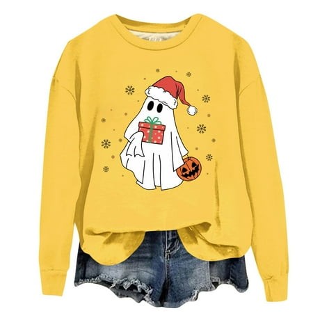 Ktyne Christmas Womens Sweatshirt Long Sleeves Christmas Ghost Sweater Shirt 2024 New Crew Neck Pullover Hoodies Hoilday Soft Clothing Yellow L