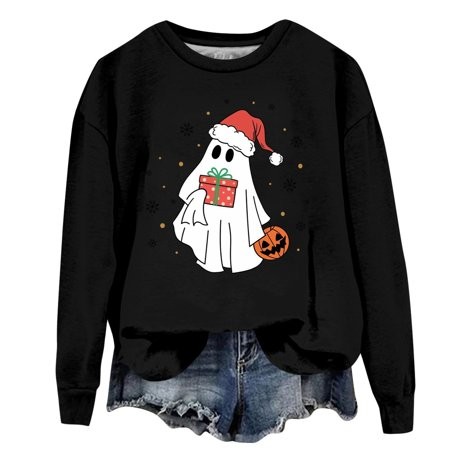 Ktyne Christmas Women S Fashion Hoodies & Sweatshirts Long Sleeves Christmas Ghost Sweater Shirt 2024 New Crewneck Pullover Xmas Holiday Party Relaxed