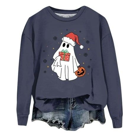 Ktyne Christmas Crew Neck Sweatshirts Women Long Sleeves Christmas Ghost Sweater Shirt 2024 New Hoilday Casual Pullover Tops Comfortable Clothing Navy