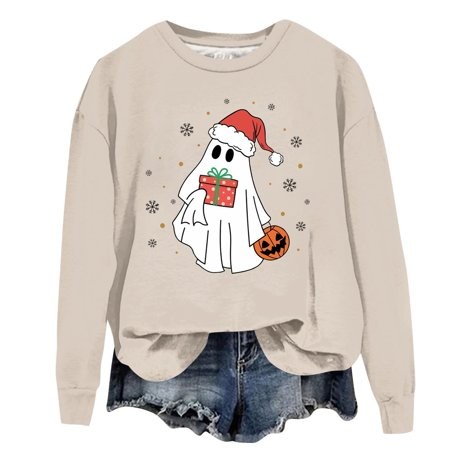 Ktyne Christmas Womens Sweatshirt Long Sleeves Christmas Ghost Sweater Shirt 2024 New Crew Neck Pullover Hoodies Xmas Holiday Party Loose Fit Blouse K