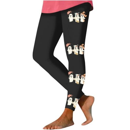 VPQILH Halloween Leggings for Women Cute Ghost Printed Stretchy Tights High Waist Workout Athletic Running Yoga Pants Holiday Leggings 2024 Halloween 