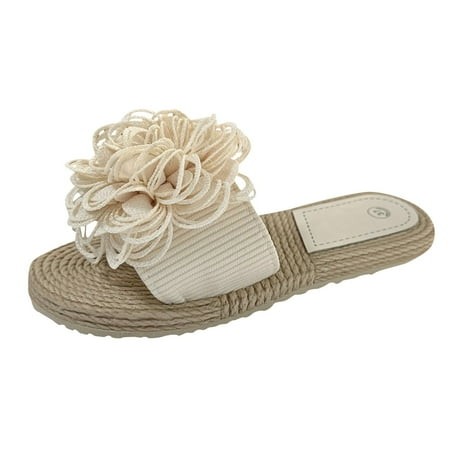Women Sandals Shoes Comfortable Flat Slippers Fashion Flower One Foot Beach Shoes for Womens Fall Fashion 4973 Beige