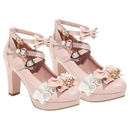 Women Sandals Sweet and Fresh Lace Bow Thick Sole Buckle Ladies Fairy High Heel Shoes for Womens Fall Fashion 4888 Red