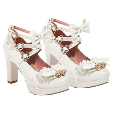 Women Sandals Sweet and Fresh Lace Bow Thick Sole Buckle Ladies Fairy High Heel Shoes for Womens Fall Fashion 4890 Wh1