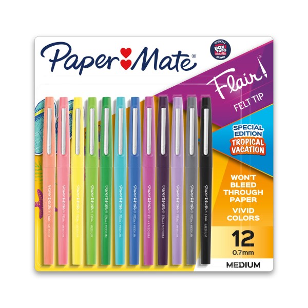Paper Mate Flair Tropical Vacation Felt Tip Pens, Medium Point, 0.7 Mm, Assorted Colors, Pack of 12