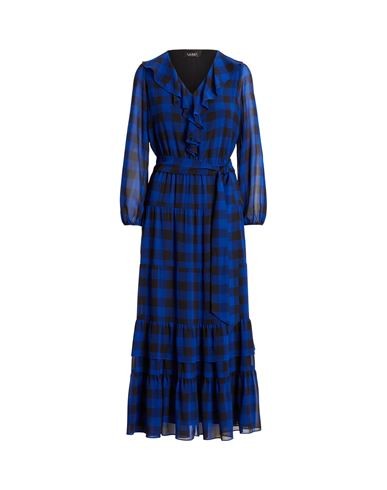 Lauren Ralph Lauren Buffalo Check Belted Georgette Dress Woman Maxi Dress Blue Size 6 Recycled Polyester