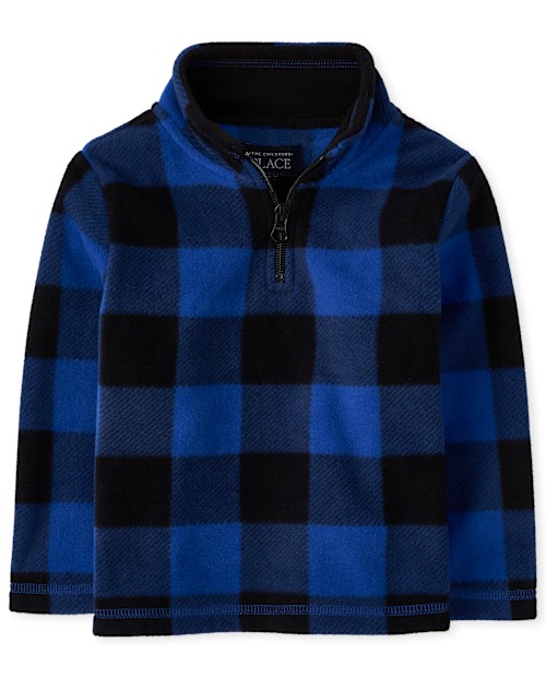 The Children's Place Toddler Buffalo Plaid Glacier Fleece Half Zip Pullover in Blue | Size 9-12 M | 100% Polyester