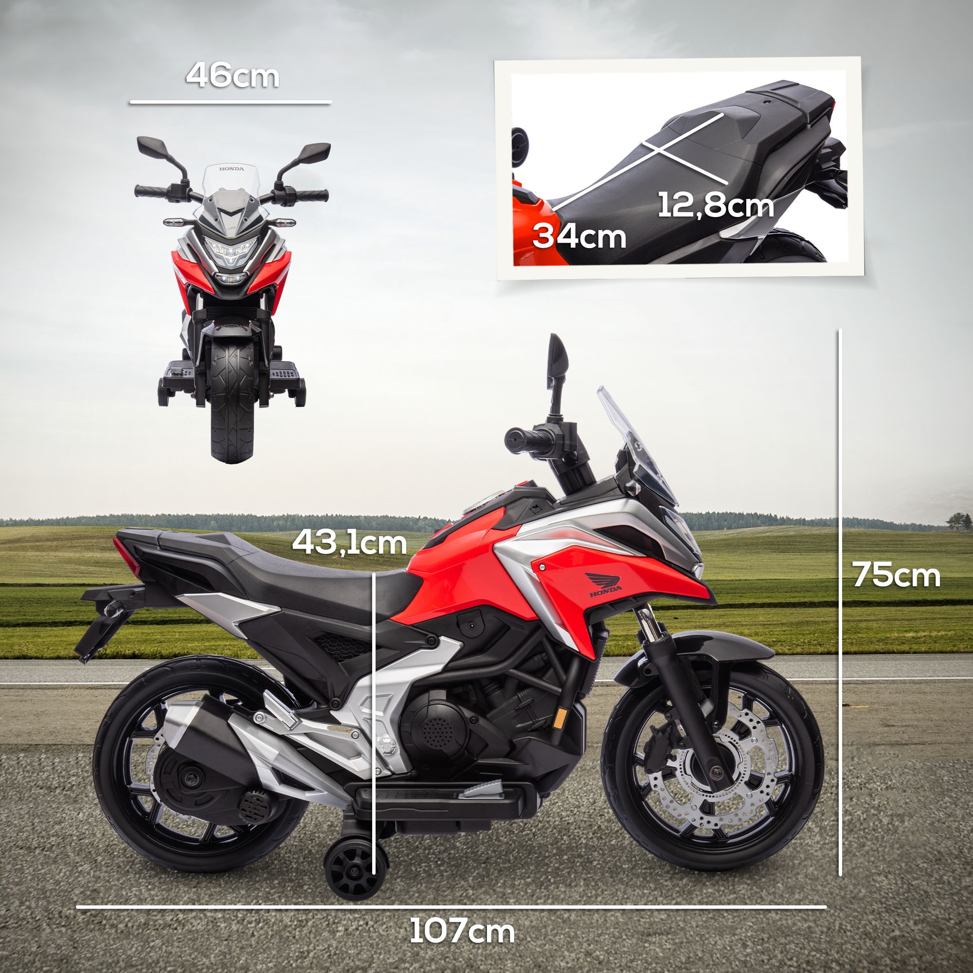 AIYAPLAY Moto Eléctrica Para Niños De +3 años Con Licencia Honda Con USB MP3 Luz LED Y Velocidad 3 Km/h Carga 30 Kg Rojo thumbnail