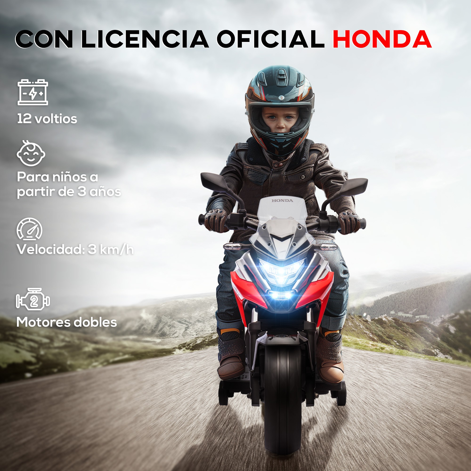 AIYAPLAY Moto Eléctrica Para Niños De +3 años Con Licencia Honda Con USB MP3 Luz LED Y Velocidad 3 Km/h Carga 30 Kg Rojo thumbnail