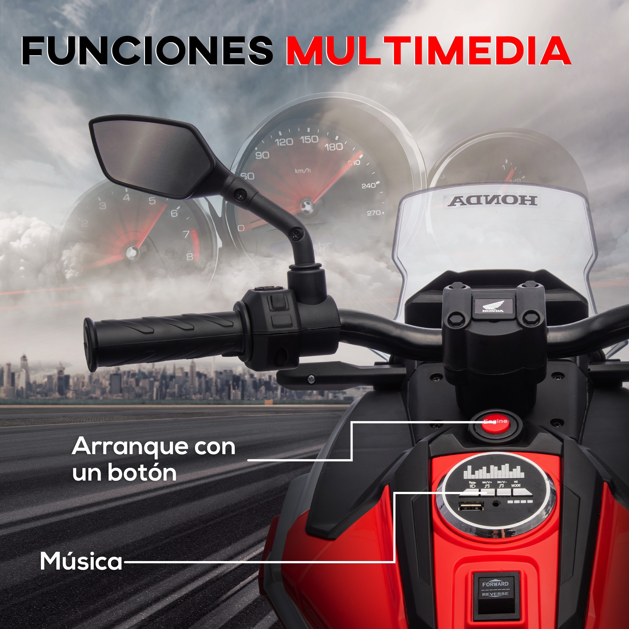 AIYAPLAY Moto Eléctrica Para Niños De +3 años Con Licencia Honda Con USB MP3 Luz LED Y Velocidad 3 Km/h Carga 30 Kg Rojo thumbnail