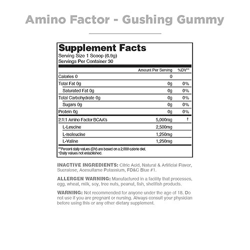Nutrithority Amino Factor Instantized BCAAs, Gushing Gummy, 30 Servings - Sugar Free Branched Chain Amino Acids Intra & Post Workout Drink - Improve M thumbnail