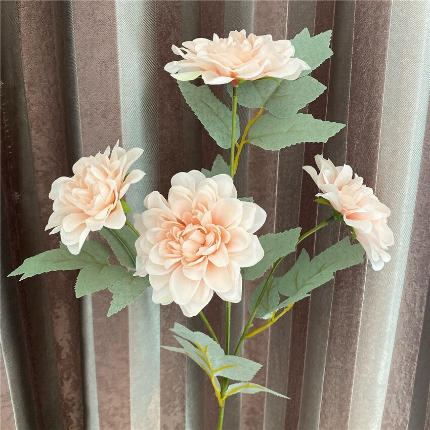 4 Têtes/branche Soigné Dahlia Fleur Avec Des Feuilles De Fleurs En Soie Artificielle De Mariage ALBUM À FAIRE SOI-MÊME Flores Artificiales Maison 