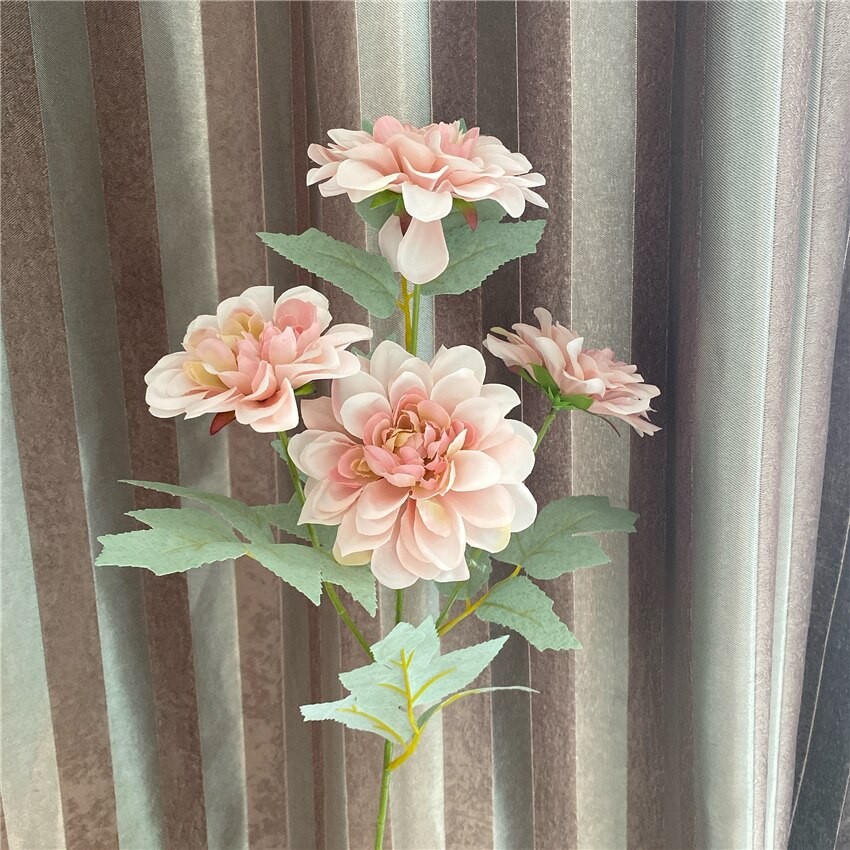 4 Têtes/branche Soigné Dahlia Fleur Avec Des Feuilles De Fleurs En Soie Artificielle De Mariage ALBUM À FAIRE SOI-MÊME Flores Artificiales Maison 