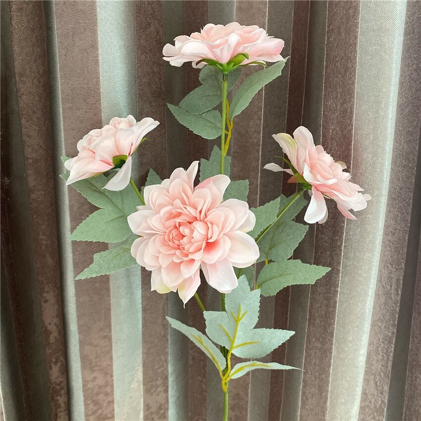 4 Têtes/branche Soigné Dahlia Fleur Avec Des Feuilles De Fleurs En Soie Artificielle De Mariage ALBUM À FAIRE SOI-MÊME Flores Artificiales Maison 