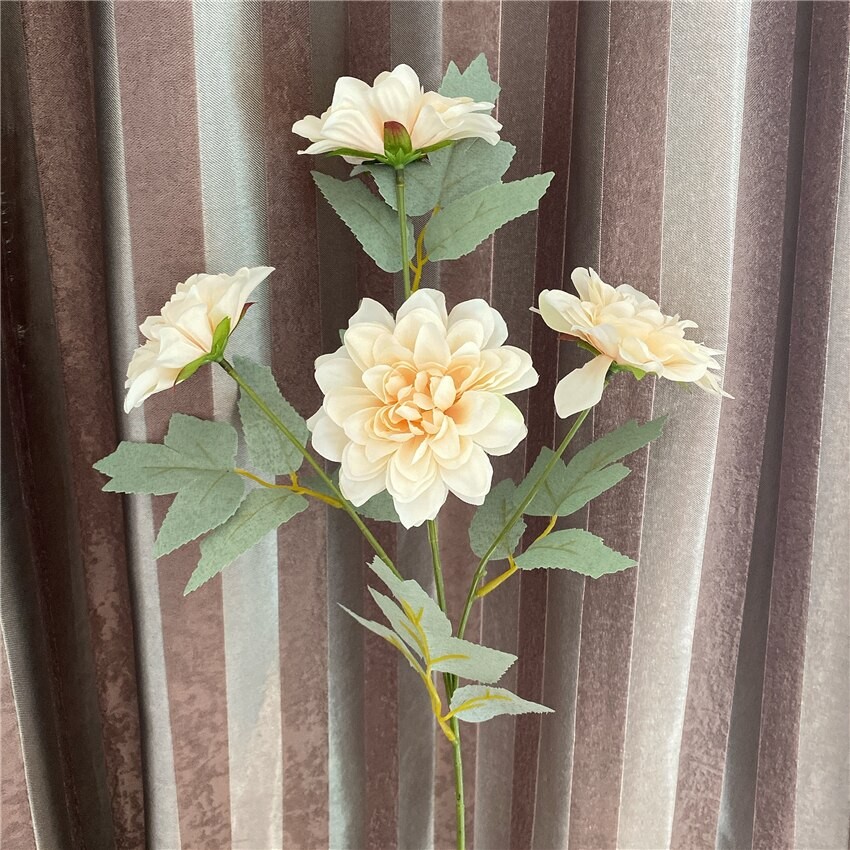 4 Têtes/branche Soigné Dahlia Fleur Avec Des Feuilles De Fleurs En Soie Artificielle De Mariage ALBUM À FAIRE SOI-MÊME Flores Artificiales Maison 