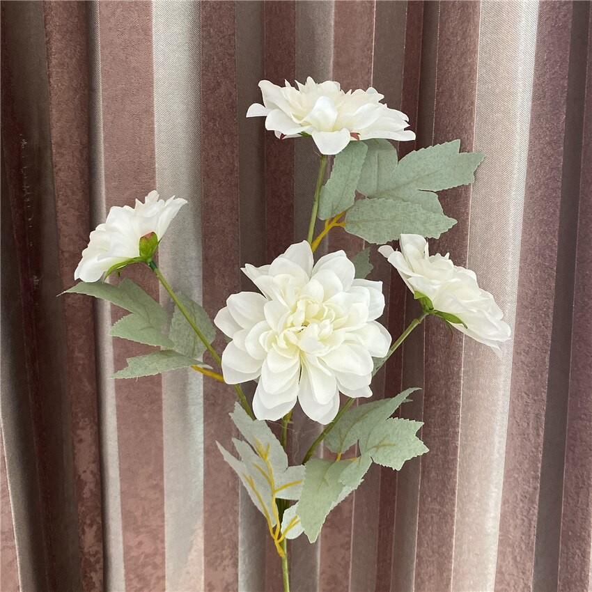 4 Têtes/branche Soigné Dahlia Fleur Avec Des Feuilles De Fleurs En Soie Artificielle De Mariage ALBUM À FAIRE SOI-MÊME Flores Artificiales Maison 