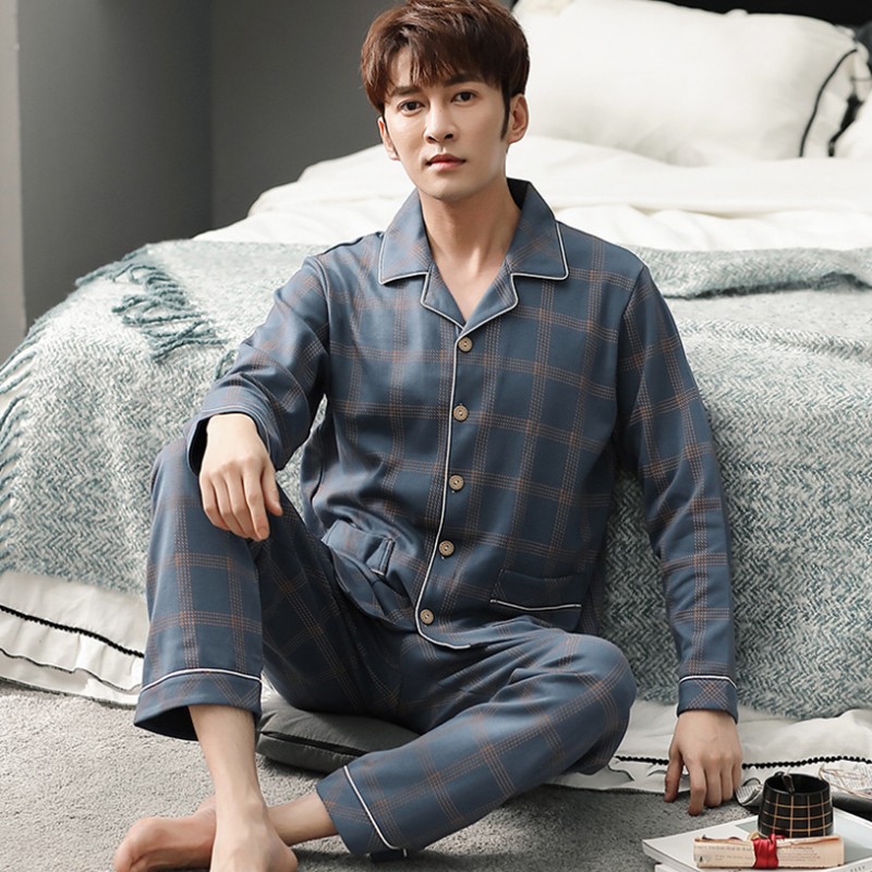 Pyjama à Carreaux Bleus Pour Homme, Vêtements De Nuit, 100% Coton, Tenue Chaude Pour La Maison, Printemps