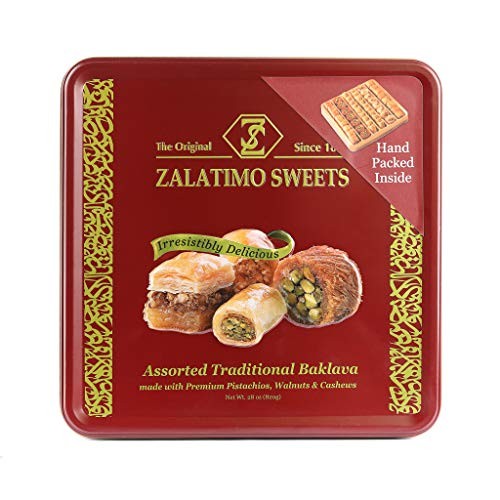 Zalatimo Sweets Since 1860, 100% All Natural Assorted Baklava, Slightly Sweet Baklava in Square Metal Gift Tin, No Preservatives, No Additives, No Cor