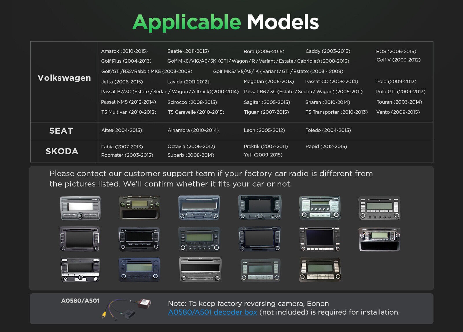 OBD Eonon VWA13 Android 13 Car Radio GPS Stereo Bluetooth WiFi for VW Skoda Seat