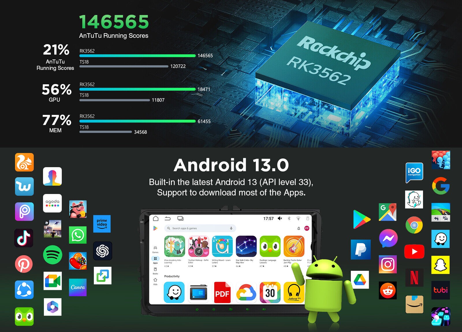 OBD Eonon VWA13 Android 13 Car Radio GPS Stereo Bluetooth WiFi for VW Skoda Seat