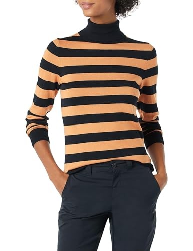 Amazon Essentials Women's Classic-Fit Lightweight Long-Sleeve Turtleneck Sweater (Available in Plus Size), Black Camel Rugby Stripe, Small