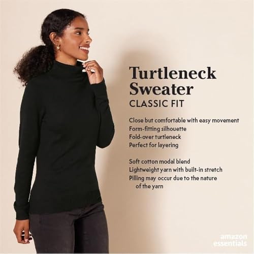 Amazon Essentials Women's Classic-Fit Lightweight Long-Sleeve Turtleneck Sweater (Available in Plus Size), Black Camel Rugby Stripe, Small thumbnail