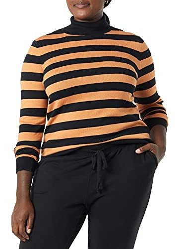 Amazon Essentials Women's Classic-Fit Lightweight Long-Sleeve Turtleneck Sweater (Available in Plus Size), Black Camel Rugby Stripe, Small thumbnail