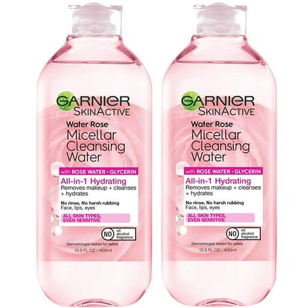 Garnier Micellar Water with Rose Water and Glycerin  Facial Cleanser & Makeup Remover  All-in-1 Hydrating  13.5 Fl Oz (400mL)  2 Count (Packaging May 