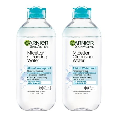 Garnier Skinactive Micellar Water for Waterproof Makeup  Facial Cleanser & Makeup Remover  13.5 Fl Oz (400Ml)  2 Count (Packaging May Vary)