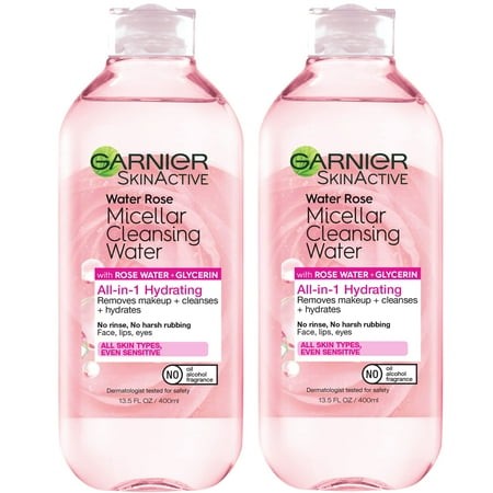 Garnier Skinactive Micellar Water with Rose Water and Glycerin  Facial Cleanser & Makeup Remover  All-in-1 Hydrating  13.5 Fl Oz (400Ml)  2 Count (Pac