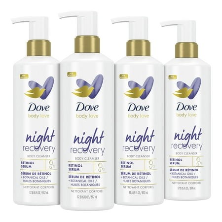 Dove Body Love Body Cleanser Night Recovery 4 Count for Dry and Worn Down Skin Body Wash with Retinol Serum and Botanical Oils 17.5 Oz.