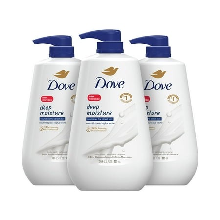 Dove Body Wash with Pump Deep Moisture 3 Count for Dry Skin Moisturizing Skin Cleanser with 24Hr Renewing Micromoisture Nourishes the Driest Skin 30.6