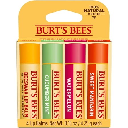 Burt S Bees Lip Balm  Moisturizing Lip Care  100% Natural  Freshly Picked - Original Beeswax  Cucumber Mint  Watermelon  & Sweet Mandarin (4 Pack)