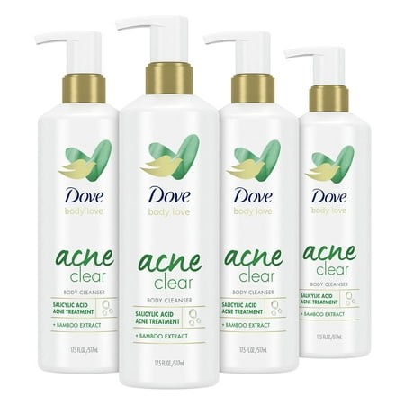 Dove Body Love Body Cleanser Acne Clear 4 Count for Acne-Prone Skin Body Wash with Salicylic Acid and Bamboo Extract 17.5 Fl Oz.