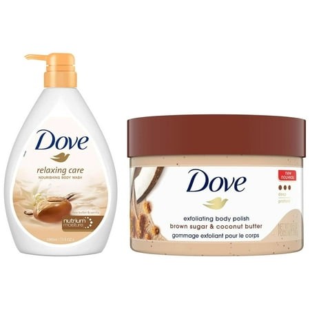 Dove Exfoliating Body Polish Scrub for Dry Skin 298g & Dove Relaxing Shea Butter Body Wash with Vanilla Pump Bottle  Soothing Scent  Moisturizing Show